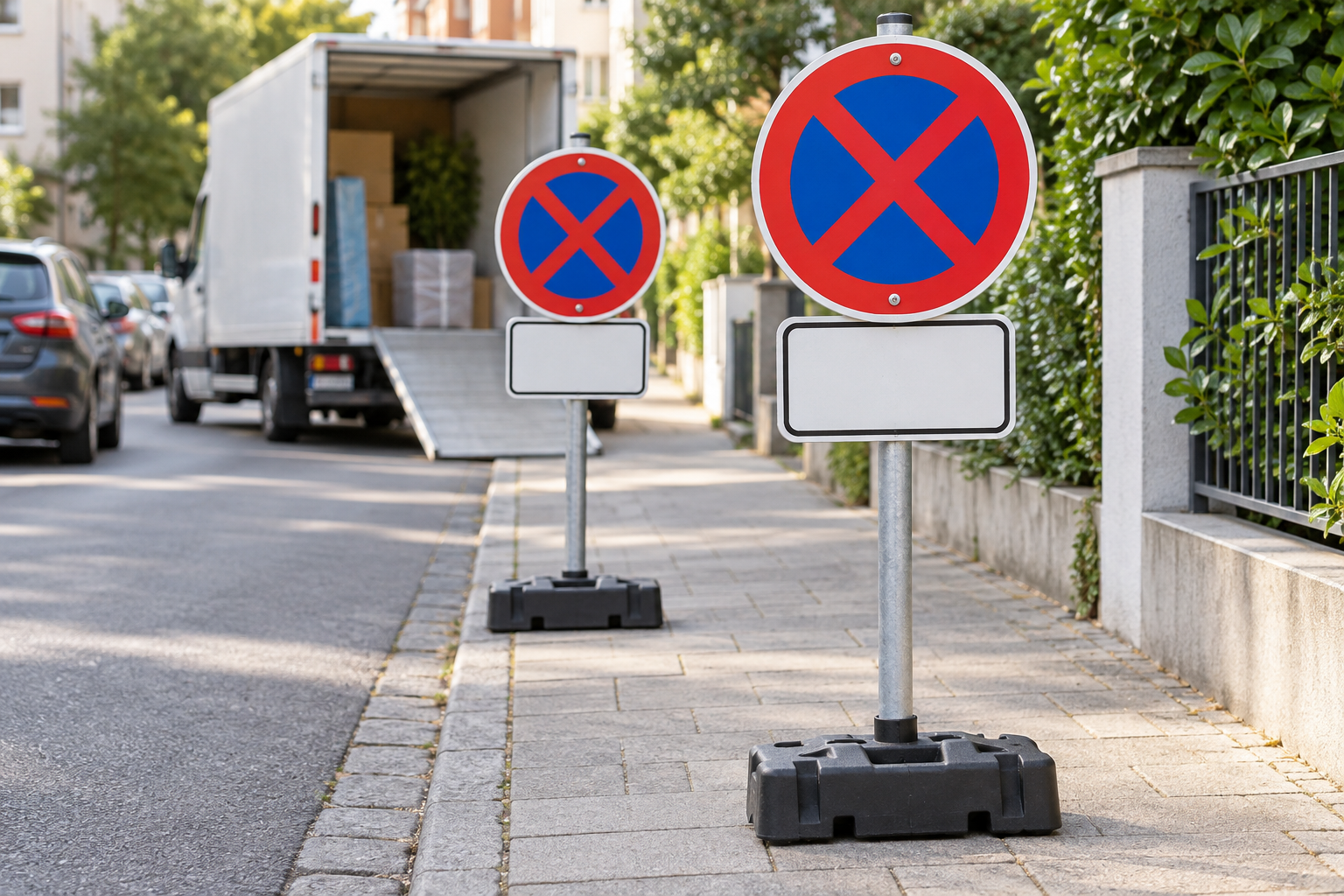 Mobile Halteverbotsschilder vor einem Umzugsfahrzeug